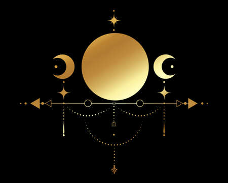 Triple Moon, Sacred Geometry, mystical arrows and crescent moon, dotted lines in boho style, wiccan icon, alchemy esoteric mystical gold sign. Spiritual occultism vector isolated on black backgroundのイラスト素材