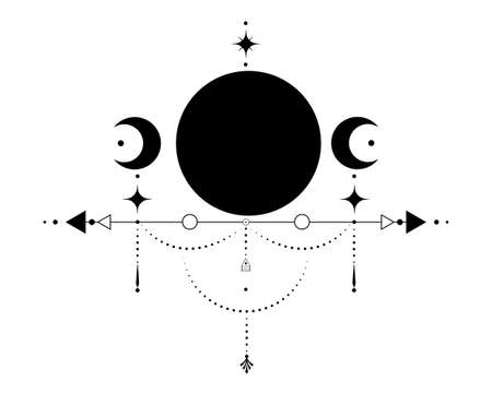 Triple Moon, Sacred Geometry, mystical arrows and crescent moon, dotted lines in boho style, wiccan icon, alchemy esoteric mystical magic sign. Spiritual occultism vector isolated on white backgroundのイラスト素材