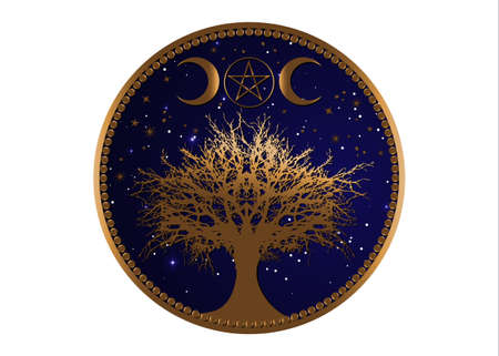 tree of life Wicca sign mandala, Gold Mystical Moon Pentacle, Sacred geometry, Golden Crescent moon, half moon pagan Wiccan triple goddess symbol, vector isolated on blue starry night sky backgroundのイラスト素材