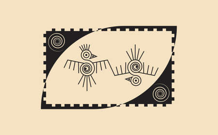 couple of birds Aztec sign isolated ancient religion symbol. Vector Maya fantastic animal retro icon. American culture totem, tribal ethnic mascot. Mexico history pattern, indian or peruvian birdのイラスト素材