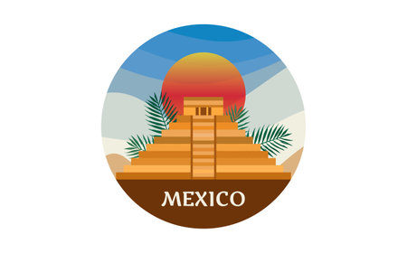 Maya pyramid icon, Temple of Kukulcan, El Castillo pyramid in Chichen Itza flat design, ancient Mayan sacred architecture in Yucatan, Mexico. Circle logo tourism, Vector isolated on white backgroundのイラスト素材