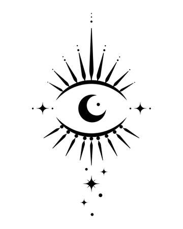 Sacred eye, magic crescent moon in boho style, black vector tattoo isolated on white background. Bohemian logo icon, geometric design alchemy elementのイラスト素材