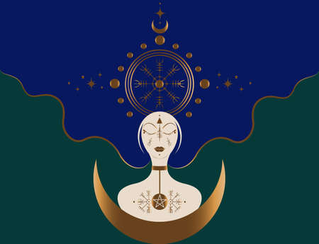 Freya goddess, Scandinavian norse mythology associated with love, beauty, fertility, sex, war, gold. Freyja rules over her heavenly field, vector isolated on green and blue backgroundのイラスト素材
