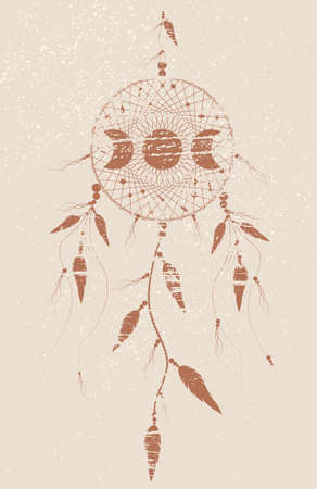 Ancient Dreamcatcher mandala ornament Moon Phases and bird feathers. Mystic symbol, Ethnic art with native American Indian boho design, vector isolated on vintage backgroundのイラスト素材
