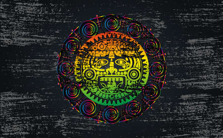 Ancient Sacred Mayan sun god, Aztec wheel calendar, Maya symbols ethnic mask. Psychedelic round frame border old logo icon. Grunge Mandala vector illustration isolated on black backgroundのイラスト素材