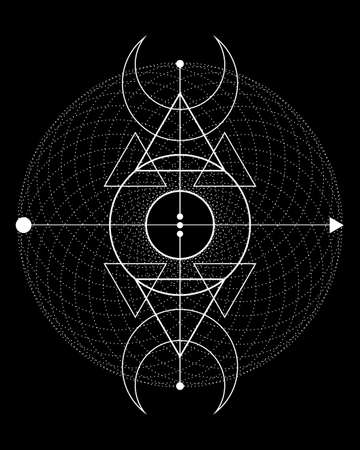Magic Triple Moon. Symbol of the Viking deity, Celtic Sacred Geometry, Wiccan white logo tattoo, alchemy esoteric triangles. Spiritual occultism object vector illustration isolated on black backgroundのイラスト素材