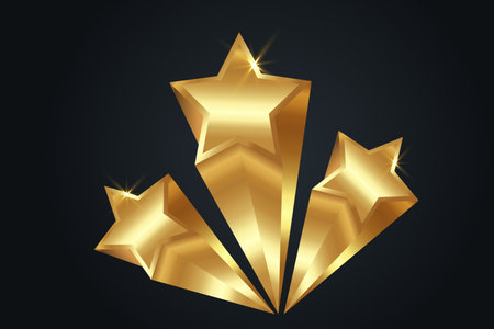 Gold STAR AWARD template. Giving Ceremony. 3D Golden stars prize concept, Silhouette statue icon. Films and cinema symbol stock, Banner Academy award vector isolated or black backgroundのイラスト素材