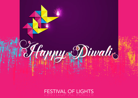Happy Diwali Festival of Lights Celebration colorful template in Origami paper Graphic design of Indian Diya Oil Lamps, Modern Flat Design. Vector banner art style, gradient color backgroundのイラスト素材