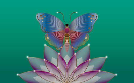 Sacred lotus flower and mystical butterfly logo Slogan with colorful Butterfly purple flower template. Vector Design for Fashion, Poster and Card Prints, isolated on green backgroundのイラスト素材