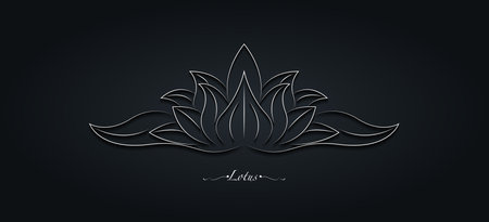 White Sacred Lotus flower, stylized floral ornament, line art logo design. Flower blossom symbol of yoga, spa, beauty salon, cosmetics, relax, brand style. Vector isolated on black backgroundのイラスト素材
