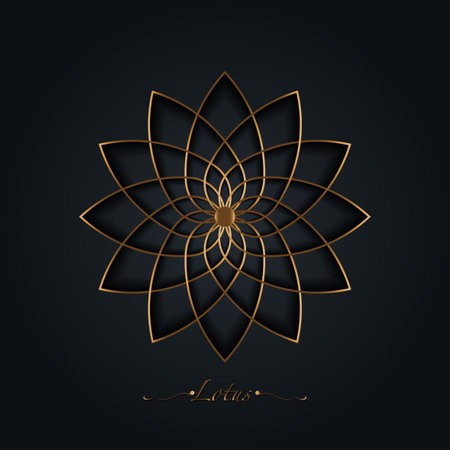 Golden Lotus flower, sacred geometry mandala, stylized circular ornament, gold line art floral logo. Flower blossom symbols of yoga, spa, beauty salon, cosmetics, relax, brand style. Vector isolatedのイラスト素材
