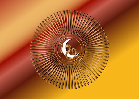 Gold Magical radiant round, Magic mystic white Crescent Moon and Snake, Sacred geometry, celestial pagan Wiccan goddess symbol, wicca banner sign, energy circle, colorful backgroundのイラスト素材