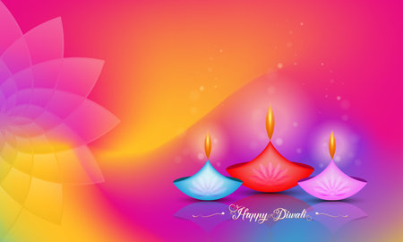 Happy Diwali Festival of Lights India Celebration colorful template. Graphic banner design of Indian Lotus Diya Oil Lamps, Modern Design in vibrant colors. Vector art style, gradient color backgroundのイラスト素材