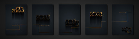set black cards 2023 Happy New Year gold texture, golden luxury dark modern background, elements for...