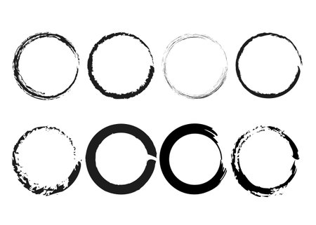 Black Enso Zen Circle Brush Set Collection Pack. Vector Logo Illustration isolated on white backgroundのイラスト素材