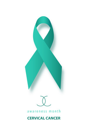 Vertical Banner with Cervical Cancer Awareness Realistic Green Ribbon. Design Template for Info-graphics or Websites Magazines. January is Cervical Cancer Awareness Month, vector isolated on whiteのイラスト素材