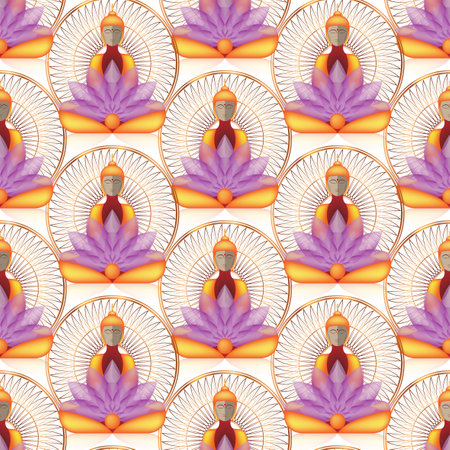 Seamless Sitting Buddha over gold Mandala and lotus flowers. Esoteric vector illustration. Vintage decorative culture background. Indian, Buddhism, spiritual art. Golden, spirituality, Thai god, yogaのイラスト素材
