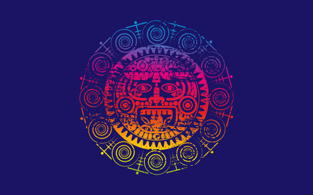 Ancient Sacred Mayan sun god, Aztec wheel calendar, Maya symbols ethnic mask. Psychedelic round frame border old logo icon. Grunge Mandala vector illustration isolated on blue backgroundのイラスト素材