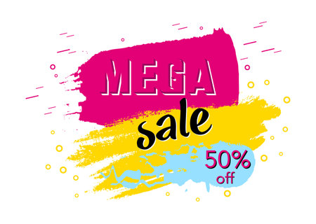Mega Sale 50 off, banner design template, discount tag, grunge brush, don't miss out, colorful vector illustration isolated on white backgroundのイラスト素材