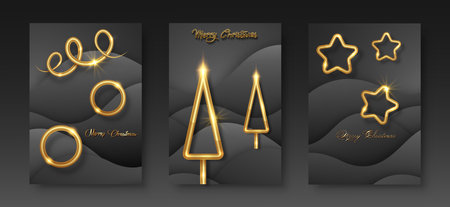 set cards Merry Christmas gold texture, golden luxury elements, black paper cut background for calendar and greetings card or Christmas themed winter holiday invitations with geometric decorationsのイラスト素材