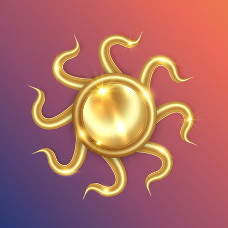 Gold sun luxury logo icon. Abstract golden sunburst isolated on colorful background. Vintage sacred shiny sunburst design element. Geometric shape, light rays, summer. Vector illustrationのイラスト素材