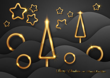 Black waves background in paper cut style with Christmas gold decorations. New Year wavy landscape, golden luxury dark template. Vector holiday banner, vip cardのイラスト素材