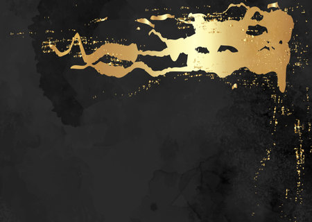 Modern watercolor background or elegant card design or wallpaper or poster with abstract black ink and golden splashes. Luxury vector illustration dark marbled texture with golden shining gritのイラスト素材