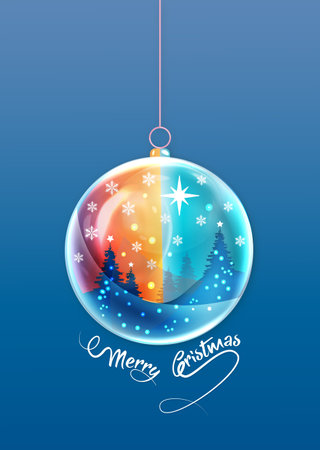 Merry Christmas ball shape. Winter seasonal holiday Christmas background, hand drawn colorful watercolor style. Christmas greeting card, snow globe and winter forest inside. Vector illustrationのイラスト素材