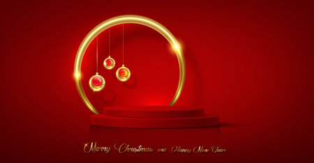 3D Christmas podium, Happy New Year party, gold baubles with product display cylindrical shape, golden circle festive decoration for the holidays. Luxury template, vector isolated on red backgroundのイラスト素材