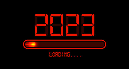 Loading to up 2023 Happy new year. Red led neon digital time style. Progress bar almost reaching new...