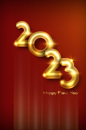 2023 golden 3D bold numbers, Happy New Year. Christmas theme banner template. Holiday design for greeting card, invitation, calendar, party, gold luxury vip, vector isolated on red backgroundのイラスト素材