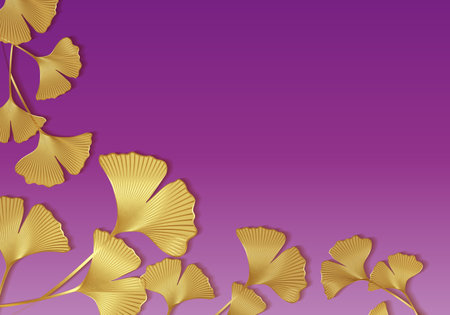 Gold frame of Ginkgo biloba leaves isolated on purple background. Golden luxury border of floral leaves. Vector illustration botanical design template, banner with copy space for your textのイラスト素材