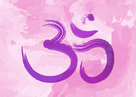 Om, Aum colorful symbol, purple watercolor style. Om ink icon Chinese Calligraphy.