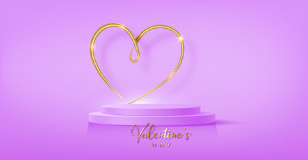 Stage podium decorated with gold heart shape lighting. Pedestal scene with for product, advertising, show, award ceremony, on pink background. Valentines day background. Minimalist style. Vector illustrationのイラスト素材