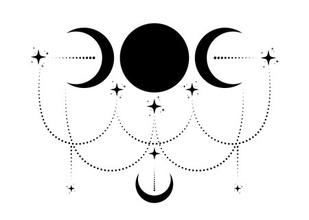 Triple Moon Religious wiccan sign. Wicca logo Neopaganism symbol, celtic boho style, Goddess icon tattoo, Goddess of the Moon, Crescent, half, full moon vector isolated on white backgroundのイラスト素材