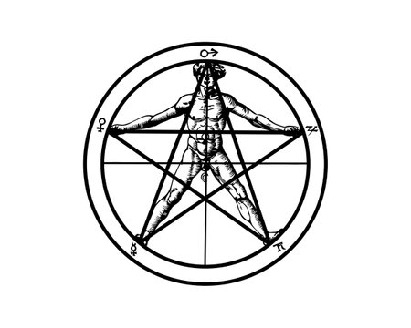 Pentagram and human body, Agrippa, Symbols of the sun and moon are in the center, while the other five classical planets are around the edge. Source of inspiration for The Vitruvian Man. Vector isolatedのイラスト素材