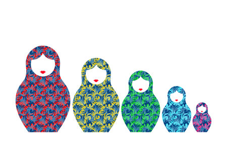 Russian nesting dolls Matryoshka. Babushka doll. Matryoshka set family with colorful floral modern ornament, vector illustration isolated or white backgroundのイラスト素材