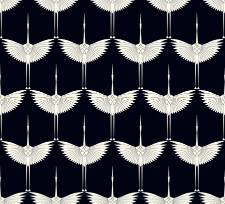 Herons in the Art Deco style. Seamless pattern for interior decoration, textiles. Fashionable home dÃ©cor. Vector illustration texture isolated on black vintage backgroundのイラスト素材