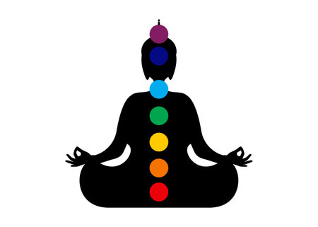Sitting Buddha silhouette in meditation with chakras. Seven chakras, energy body and Yogi meditating in the lotus position. Vector illustration isolated on white backgroundのイラスト素材
