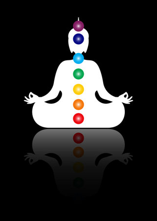 Sitting Buddha silhouette in meditation with chakras. Seven chakras, energy body and Yogi meditating in the lotus position. Vector illustration isolated on black backgroundのイラスト素材