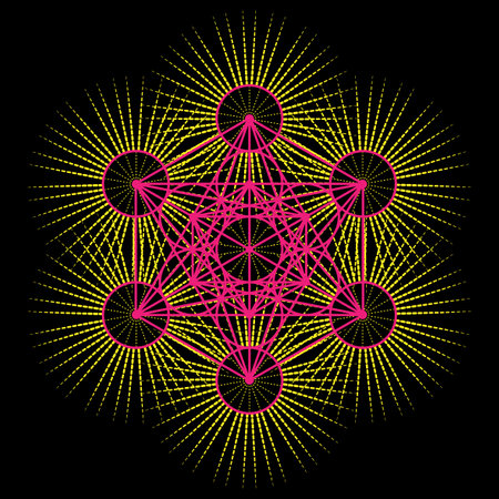 Metatron's Cube, colorful Flower of Life. Sacred geometry on radiant sun, graphic element Vector isolated Illustration. Mystic icon platonic solids, abstract geometric drawing, typical crop circlesのイラスト素材