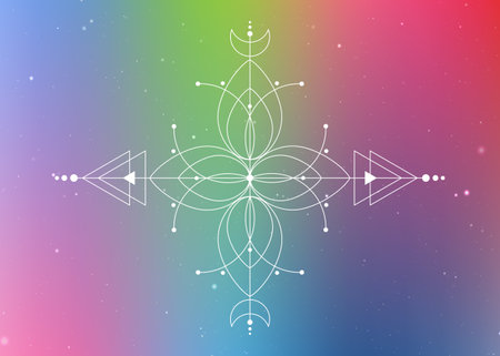 Sacred geometry, Flower of life, Mystical drawing: circles, triangles, moon, scheme of energy. Symbols of alchemy, magic, esoteric, occultism. Vector isolated on colorful starry galaxy backgroundのイラスト素材