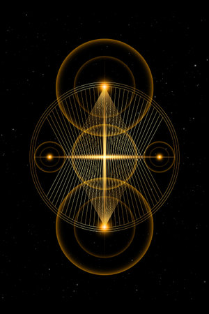 Planetary sacred geometry, gold lines overlap, triangles shape on circles. Orbits of energy circle....