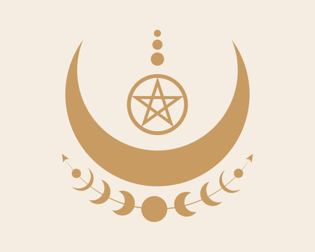 Mystical Moon Phases and Wicca pentacle. Sacred geometry. Logo, crescent moon, half moon pagan Wiccan goddess symbol, energy circle, retro boho style vector isolated on vintage backgroundのイラスト素材