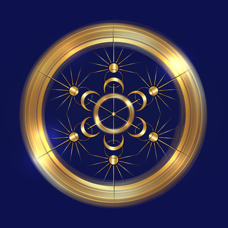 Sun and moon Mandala luxury clipart. Wicca golden logo. Mystical Sacred geometry, magic pagan Wiccan goddess and god symbols. Vector gold sign illustration isolated blue backgroundのイラスト素材