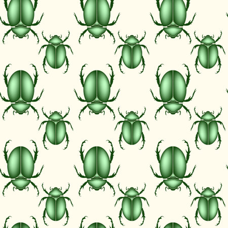 seamless pattern of a scarab beetles, vector insect in shiny green color isolated on a white vintage backgroundのイラスト素材