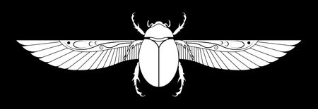 egyptian sacred scarab wall art design. beetle with wings. Vector illustration white logo, personifying the god Khepri. Symbol of the ancient Egyptians. To be colored isolated on black backgroundのイラスト素材