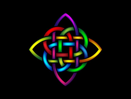 Colorful celtic knot, interlocked circles logo, vector multicolors tattoo ornament interlaced tape isolated on black background. Fashion interweaving of vibrant colorsのイラスト素材