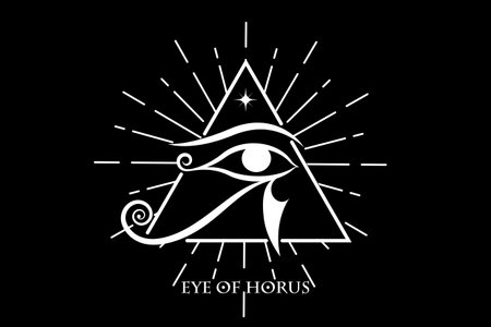 Eye Of Horus Logo design. The ancient Egyptian Moon sign. Mighty Pharaohs amulet, white vector tattoo isolated on black backgroundのイラスト素材
