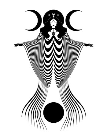Magical triple goddess, priestess. Beautiful fairy woman with long dress. Gothic Witch wiccan female sacred design, magic black moon. Vector isolated on white background in art deco styleのイラスト素材